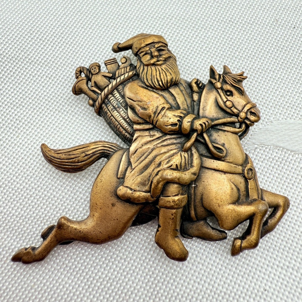Vintage Jonette Jewelry JJ Bronze Gold Tone Santa and Horse Christmas Brooch